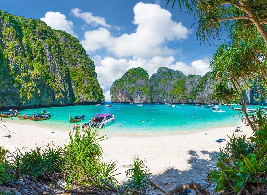 The pristine white sand and teal waters of Maya bay beach.